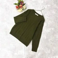 良品✨チップクリップ（L）ケーブルニット セーター クルーネック カーキ 緑