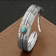 限定セール！ターコイズ　フェザー　バングル　ブレスレット　インディアンジュエリー