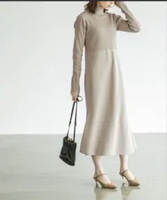 NOBLE カラーブロックニットワンピース　ベージュ