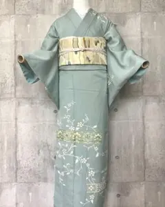 極美品】正絹 訪問着 フルセット 淡水色 地紋 友禅調 袋帯 帯揚 帯締 