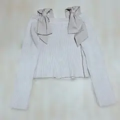 ★即日発送　肩リボン付きベージュリブニット長袖トップスオフショル