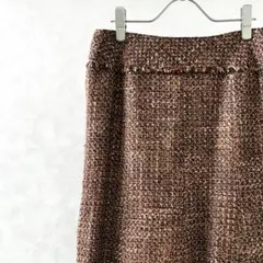 TIM ひざ丈スカート タイト ウール混 ツイード フリンジ 裏地付き 大きめのサムネイル