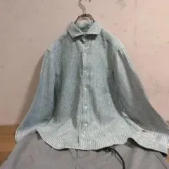 美品 リネン【simplicite】Sサイズ 長袖ストライプシャツ グリーンのサムネイル