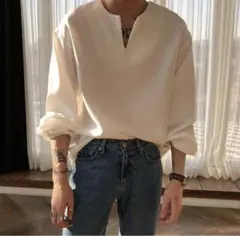 《REAL TAKAI》とろみ素材　キーネック　シフォン　ブラウス　メンズ　L