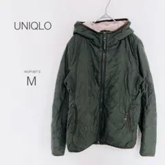 【ユニクロ】キルティングジャケット【M】カーキ フード付き 裏ボア ジップアップ
