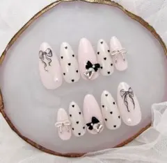 285♡ ネイルチップ　ワンホン　フレンチガーリー ちゅるん　韓国　リボンネイル