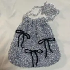 ハンドメイド　ニット　キラキラ　りぼん　巾着バッグ　バレエコア　フレンチガーリー