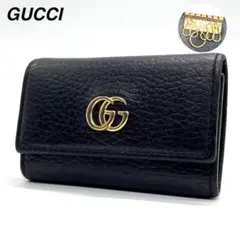 良品✨グッチ　キーケース　6連　GGマーモント　キーリング　金ロゴ　レザー　黒