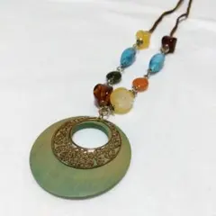 ロングネックレス 木製パーツ ビーズ
