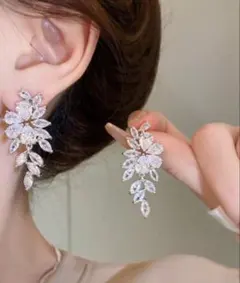 結婚式リーフモチーフ ビジューピアス ブライダルアクセサリー