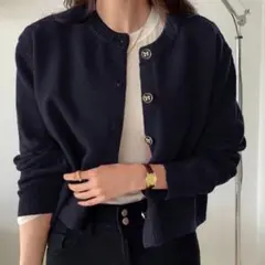 SHEIN ダークネイビー カーディガン ショート丈 リボン柄ボタン