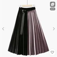 プリーツスカート ベロア調 バイカラー ロングスカート ウエストゴム