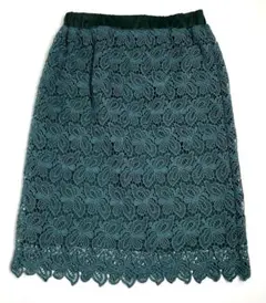 【極美品】ヴィンテージ　ひざ丈タイトスカート　総レース　M　青緑　古着　レトロ