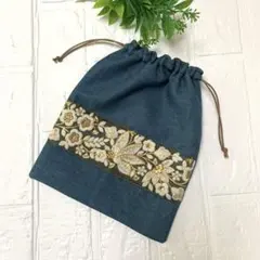 インド刺繍リボン巾着　ハンドメイド