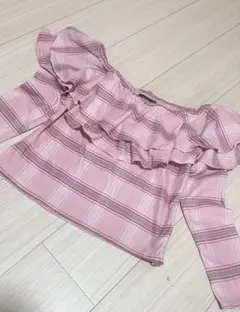 リエンダ チェック オフショル ピンク 可愛い 肩出し オフショルダーのサムネイル