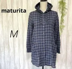 フード付き チェックシャツ シャツワンピース チュニック 長袖 綿 ウール混 M