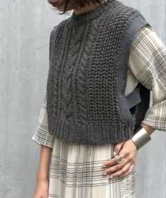 グレー ケーブル編み ニットベスト フリーサイズ