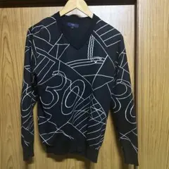 幾何学模様 Vネックニットセーター 黒