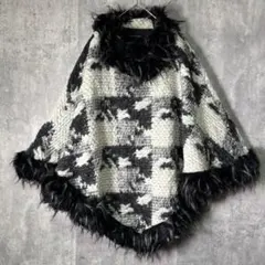イタリア製 ニット ポンチョ ウール フリンジ ジャガード