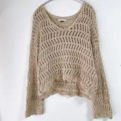 大人可愛い！アメリカンイーグル ざっくり透かし編みニット Vネック ベージュ L