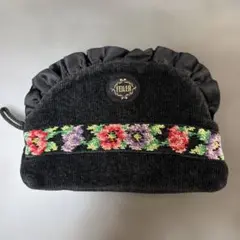 FEILER 花柄刺繍 フリルポーチ ブラック