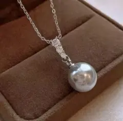 一粒パール・ダイヤネックレス　シルバー　結婚式　真珠　グレー ブラック 黒　韓国