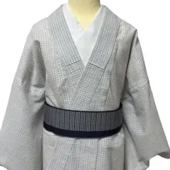 ユ35着物　男性 浴衣　格子纹 単衣　手縫い仕立て　ポリエステル　納涼のサムネイル