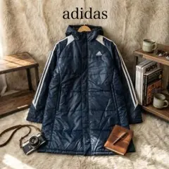 adidas アディダス 中綿ロングコート ベンチコート M ネイビー 3ライン