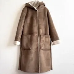 RADIATE フード付きブラウンロングコート　ウール混　フェイクムートン
