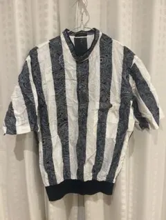 ペイズリー柄 半袖シャツ 白黒ストライプ