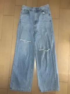 GU ダメージ加工 ワイドレッグジーンズ M