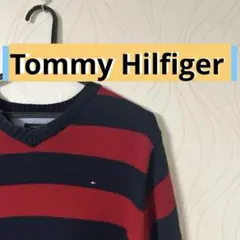 Tommy Hilfiger 赤と紺のストライプ Vネックセーター XL