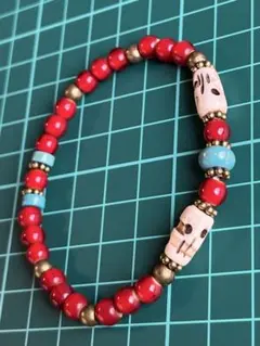 ホワイトハーツブレスレット17ターコイズ　とんぼ玉　トレードビーズ　ナバホ