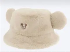 ディズニー 耳付き ミッキーマウス ファーハット キャップ ベージュ バケハ