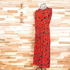 【ザラ】レーヨン100% 花柄 ロング ティアード ワンピース 総柄 S 赤×黒