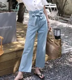 ハイウエストデニム パンツ ストレートデニム リボンベルト付きのサムネイル