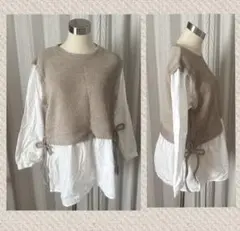 長袖 ドッキングシャツ カットソー プルオーバー トップス ベージュ