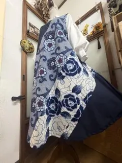 着物リメイク日向向日葵テントラインワンピース浴衣生地M〜Lサイズロング丈