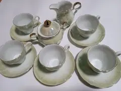 未使用 淡いグリーン ティーカップソーサーセット12点