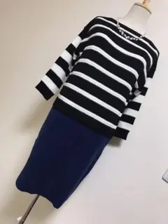 美品★ナノユニバースボーダー切替ニットワンピース★6779