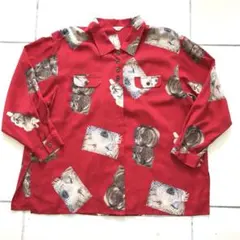 90s アニマル ワンちゃん シャツ ヴィンテージ レッド 美品 フリー