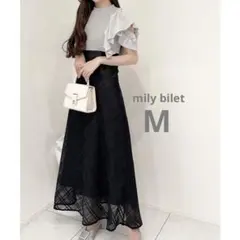 美品 mily bilet ダブルフリル袖チェックレースドッキングワンピース M