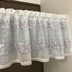 二重カフェカーテン(サッカー格子×光沢刺繍レース)オフホワイト　111×41cm