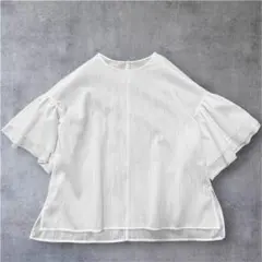 【美品】PLST シアー　シフォン　フレアスリーブ　ブラウス　リネン混　白　Sのサムネイル