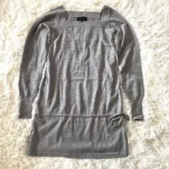 【アンタイトル】グレー膝丈ワンピース　スクエア襟　裾リボン　2号（M）