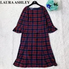 ローラアシュレイ　ロングワンピース　チェック　ペイズリー　ベルスリーブ　XL相当