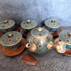 九谷焼 洋山 急須 湯呑み茶碗 蓋付き 木製受け皿 5客セット 金彩 花唐草文