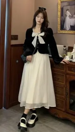 リボン付きカーディガンとドレスセット M
