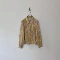 古着 日本製 アート総柄シャツ ニュアンスカラー ブラウス レトロ M ベージュ