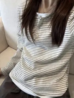 ストライプ柄 ヘンリーネック 長袖Tシャツ